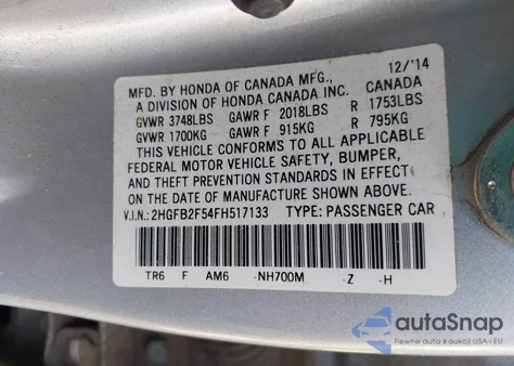 2015 Honda Civic Lx from USA, damaged, VIN 2HGFB2F54FH517133